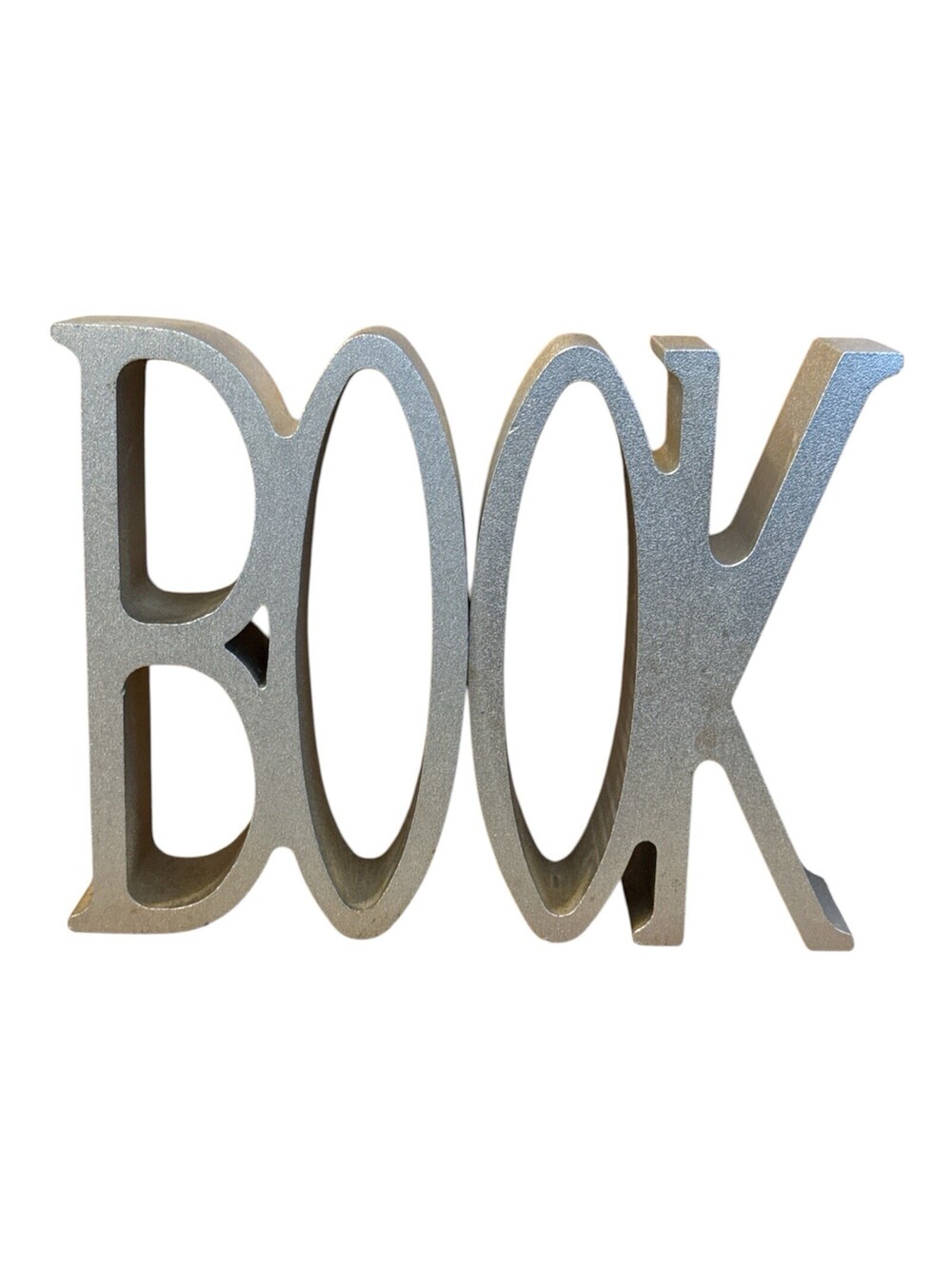 Bookends "BO OK" Silver Tone Cast Aluminum Approximately 6 Inches Tall